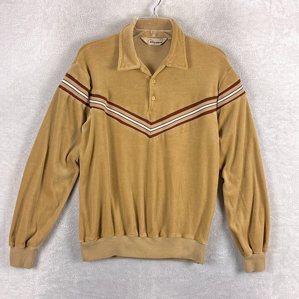 VTG Kingsport Shirt Mens L Tan Chevron Stripe Velour Terry Disco Wiseguy 70s 80s